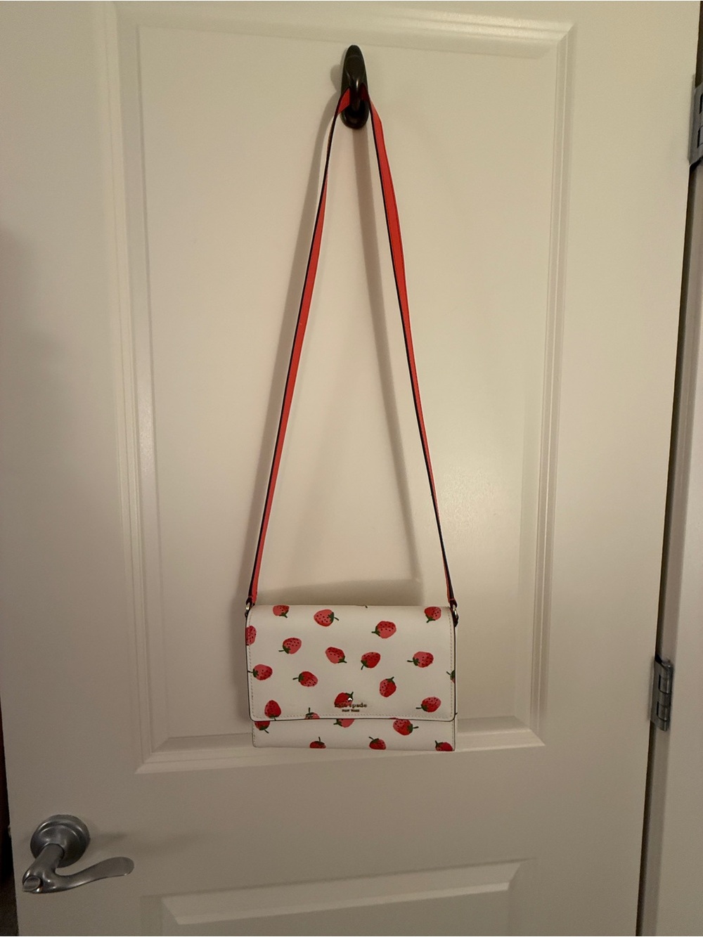kate spade White Strawberry Print Crossbody Bag with Red Strap